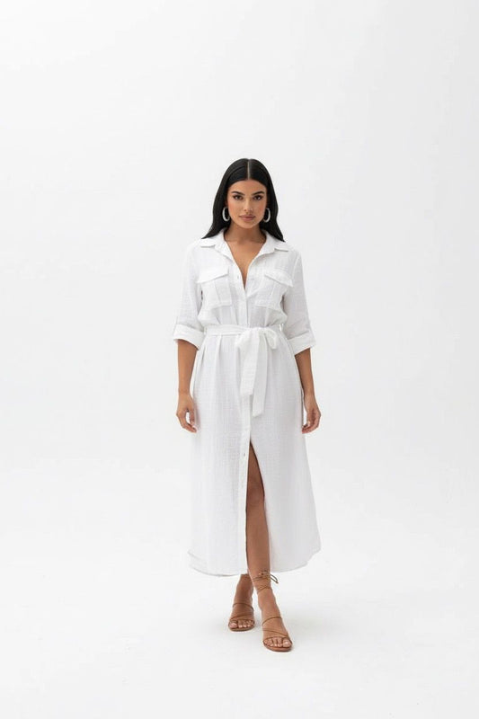 pocket style button down tie dress