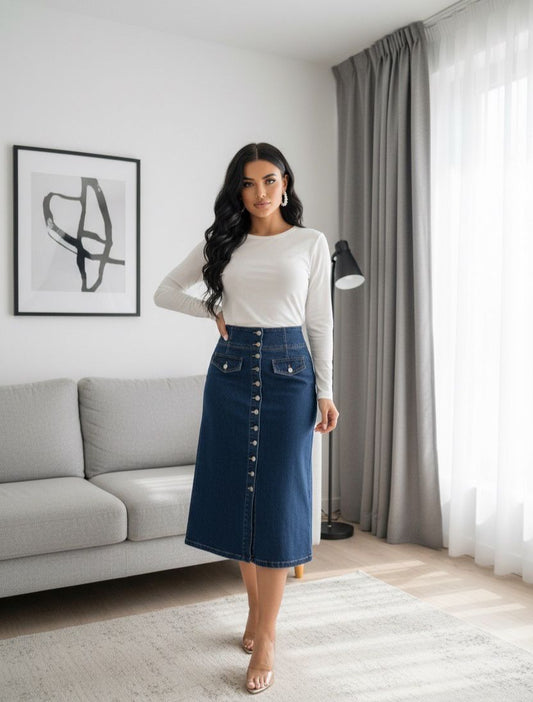 Denim button down midi skirt