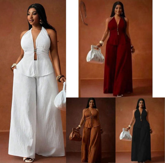 linen feel flare pants two piece set