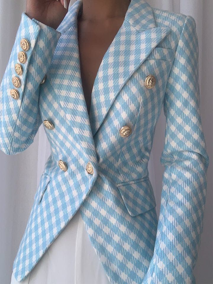 Check double button short blazer