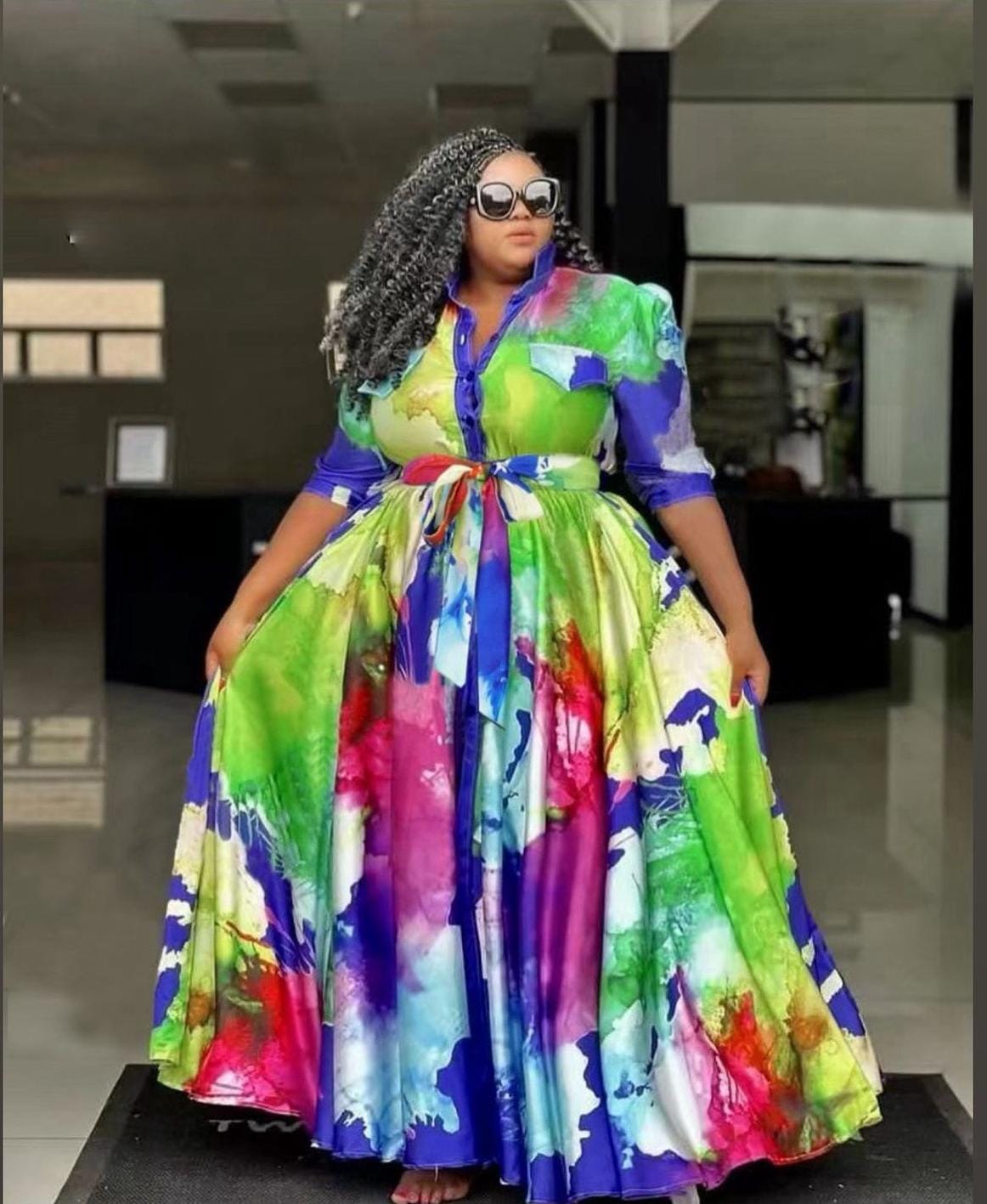 Colorful button down medium sleeves dress