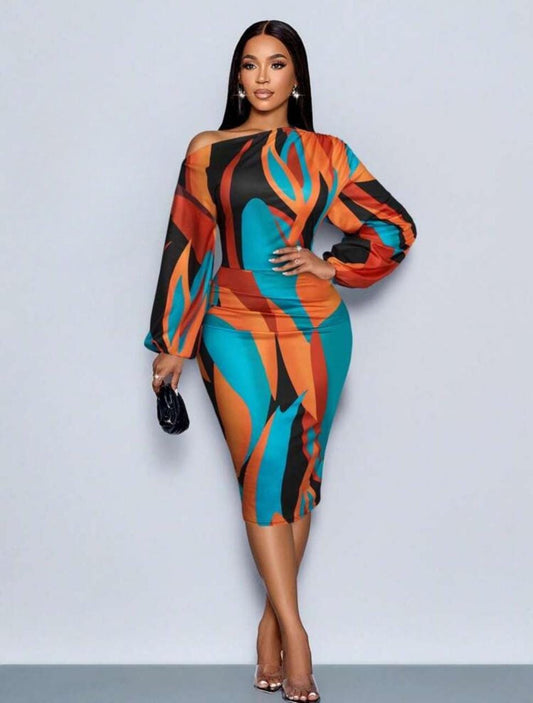 color blocking long sleeve dress