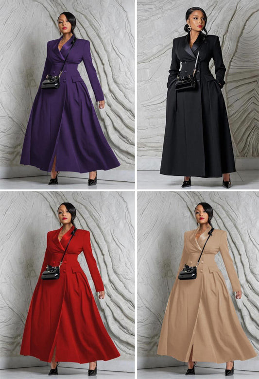 Full length coat dress with silk line on the neck