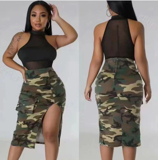 Camo slit midi skirt