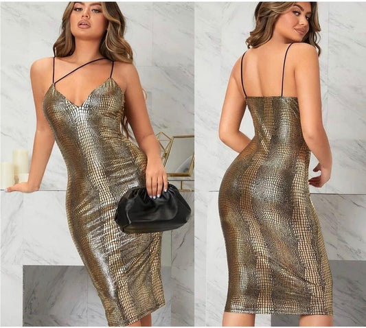 Gold printed strap dress