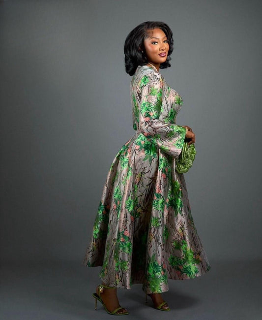 silver grey and green floral dress