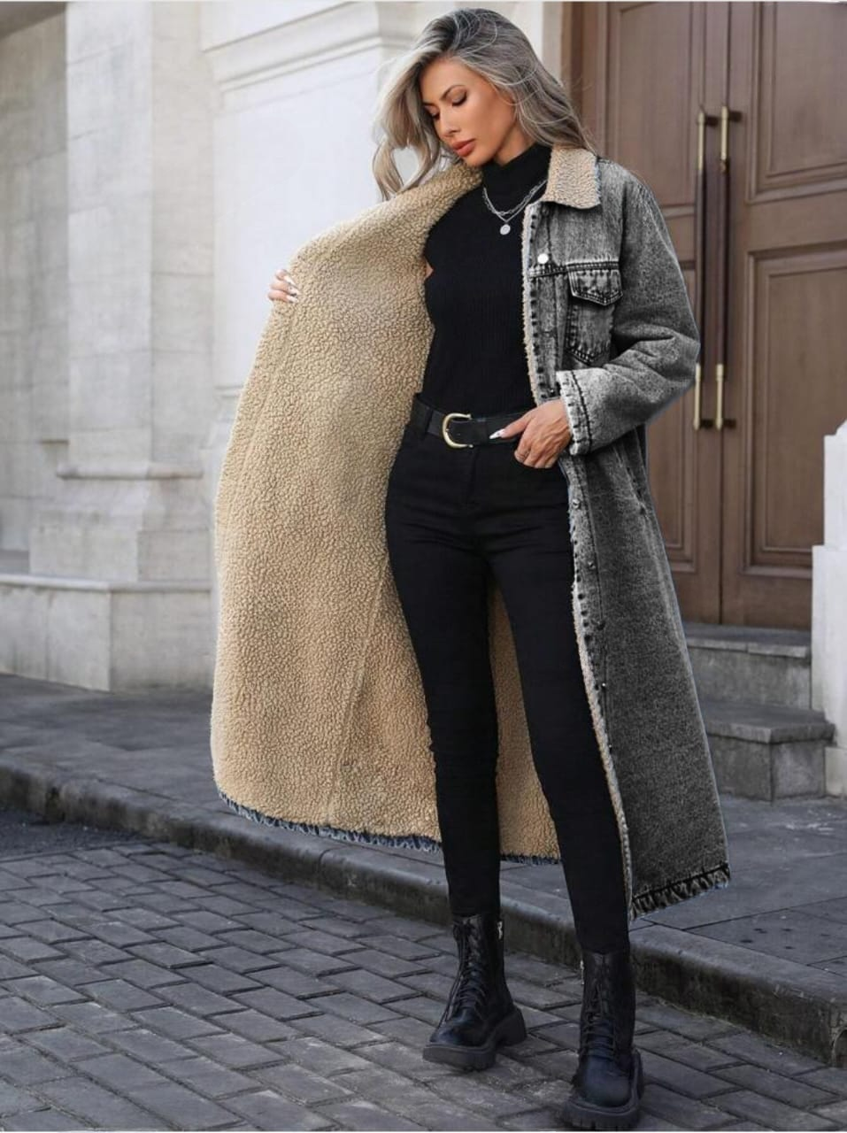 full length denim jacket with fluff inside