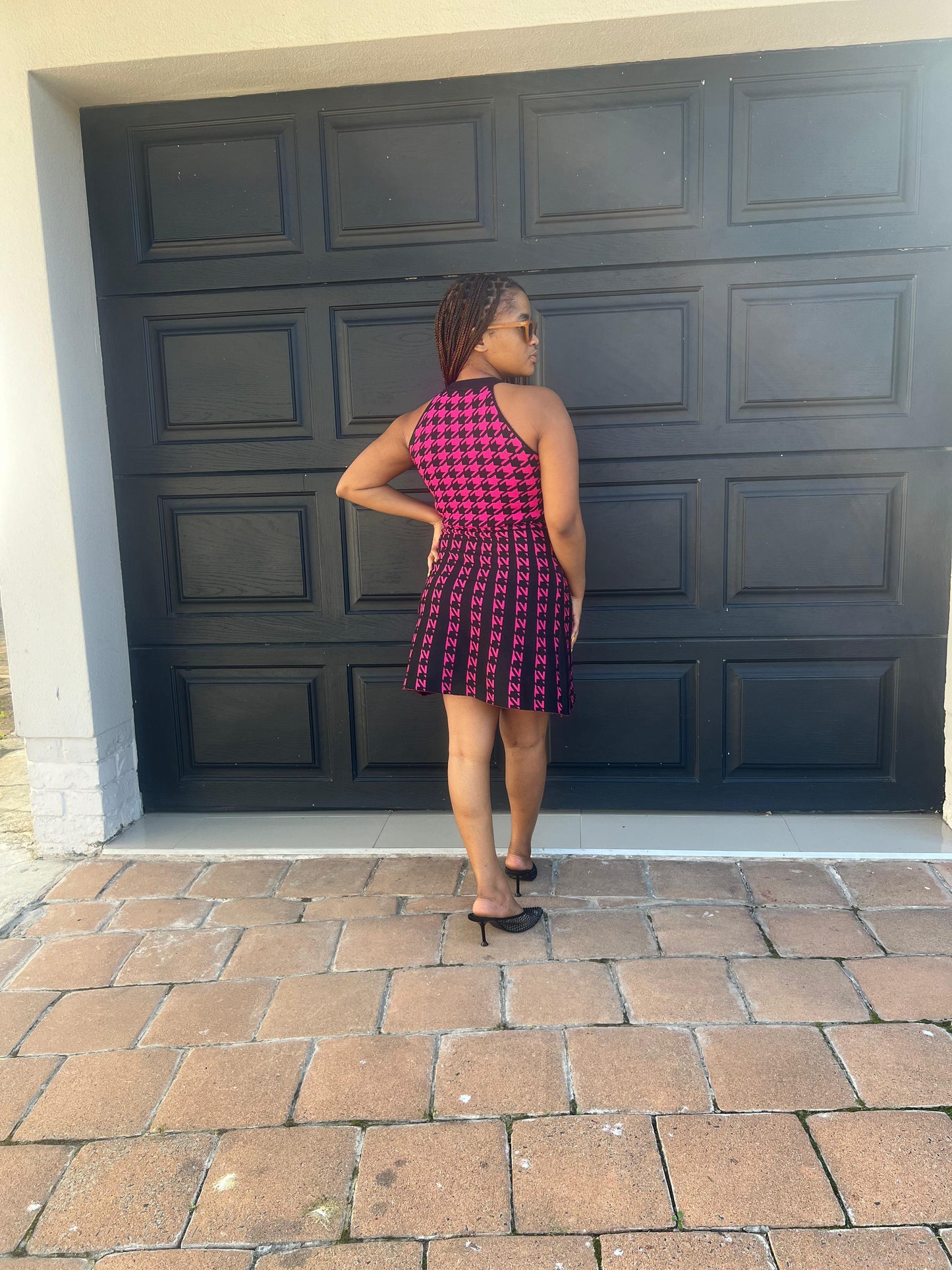 pink black houndstooth knit dress
