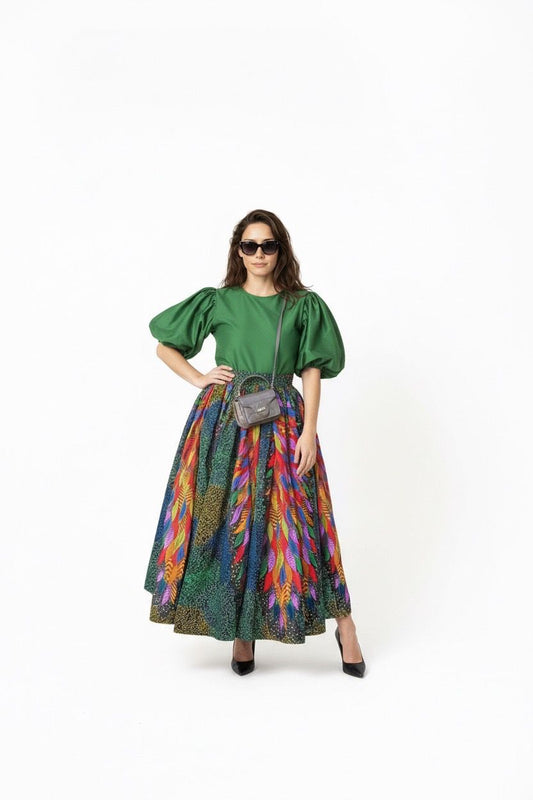 green feather insp maxi dress
