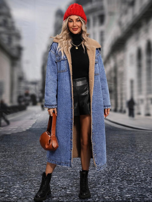 full length denim jacket with fluff inside