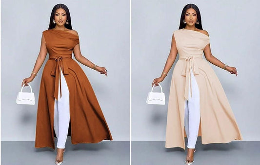 Rust open front 0ff shoulder dress