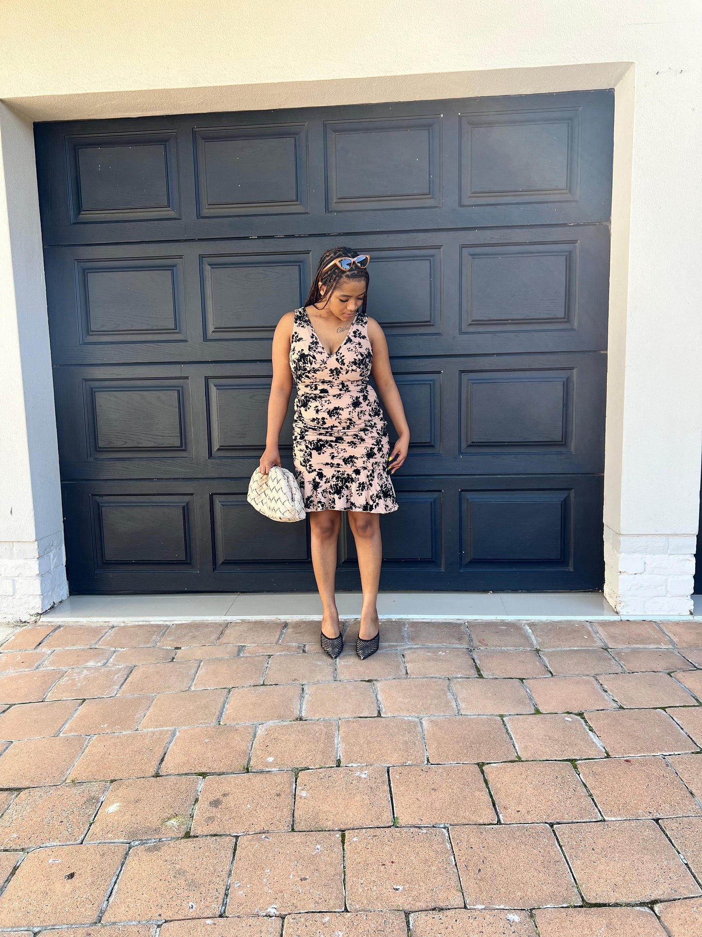 Nude midi dress with black floral print