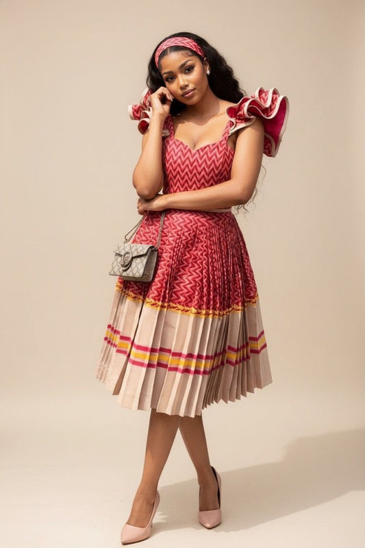african print pleated bottom stylish shoulders dress