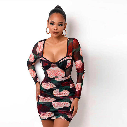 Black floral mini dress.