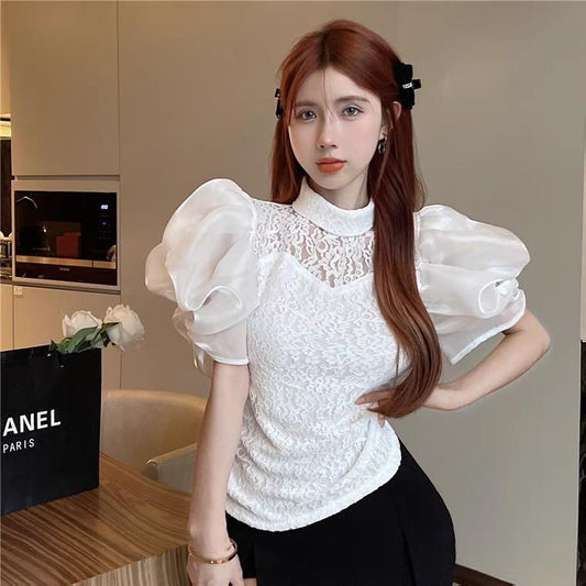 Chiffon balloon Sleeves Laced Blouse