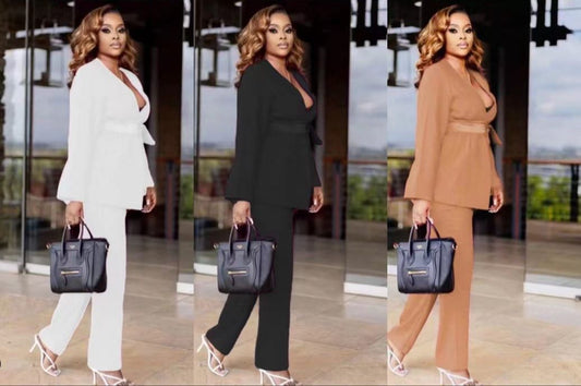 Padded shoulder linen suit