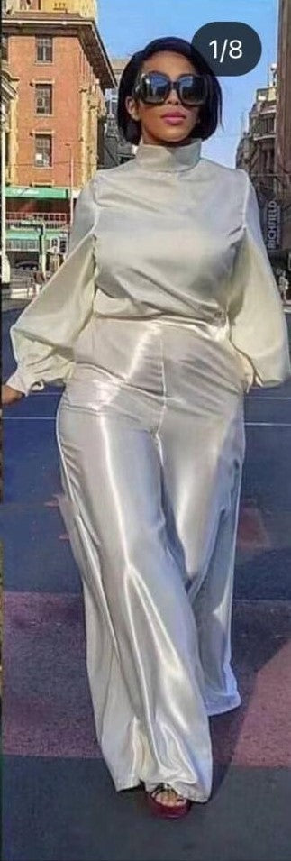 White wide satin pants