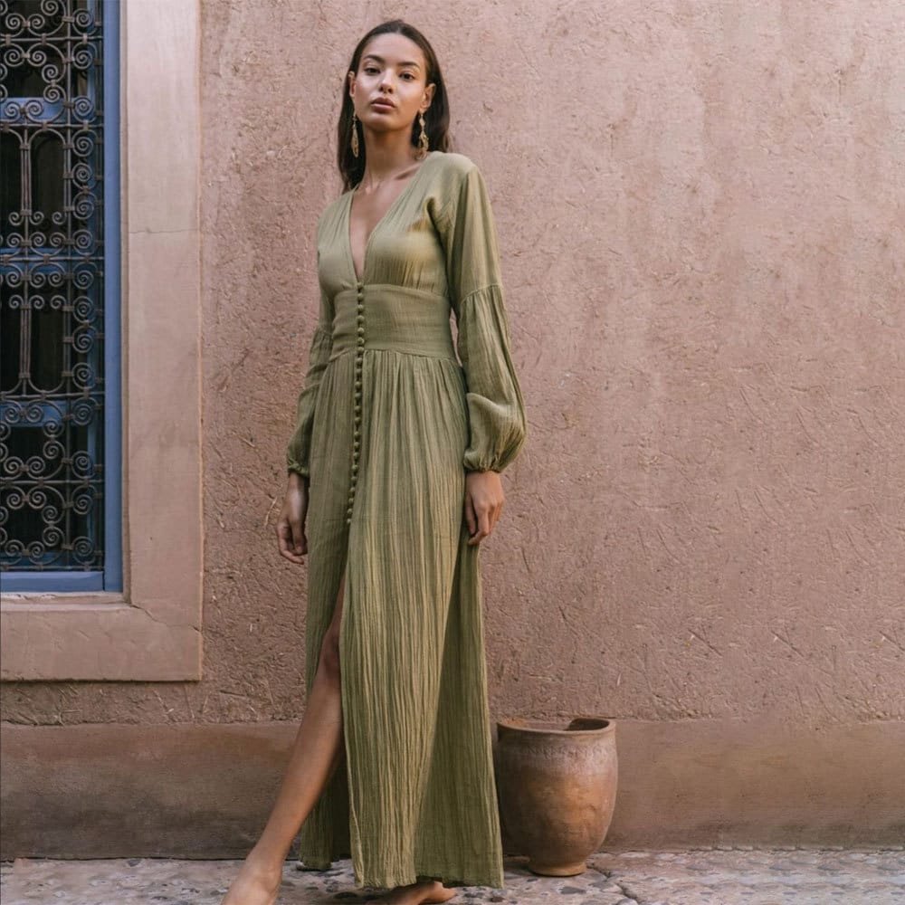 Long sleeves flowy dress.