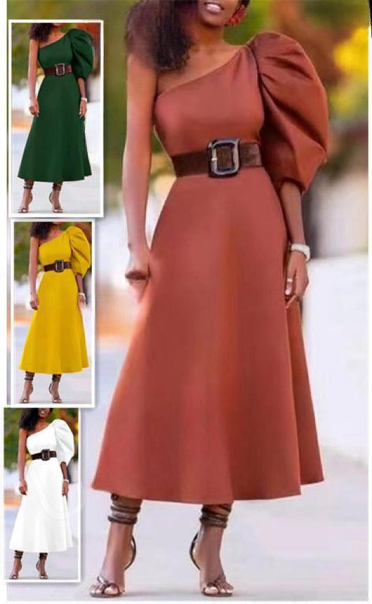 Dark green One arm belted dress.