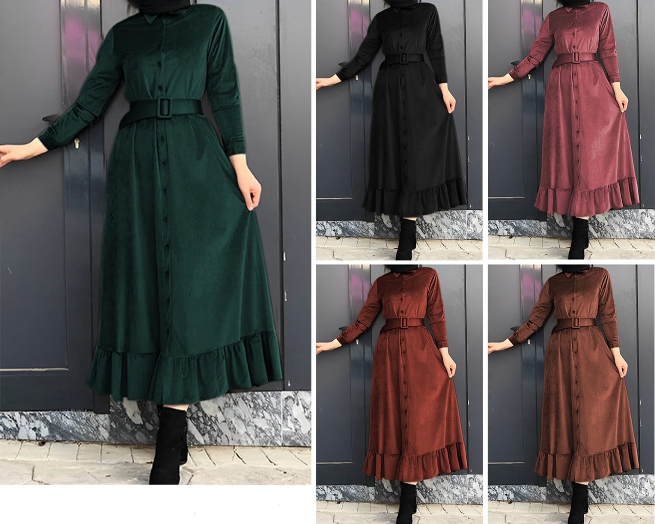 Button down belted modest dress