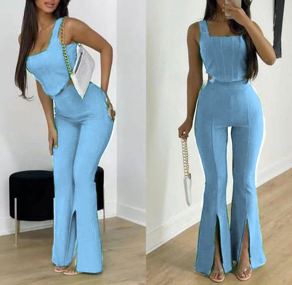 Slit pants and top two piece set.