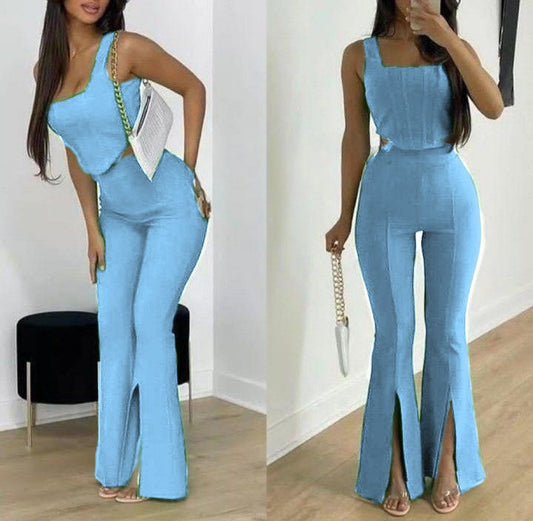 Slit pants and top two piece set.