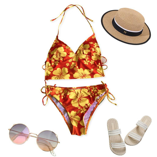 Yellow floral swimwear.