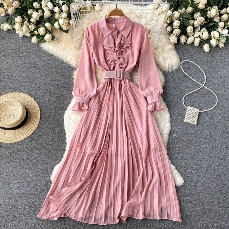 Ruffle chiffon belted dress.