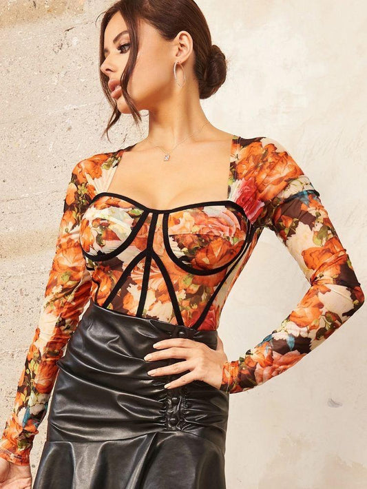 Floral gauze/net bodycon top